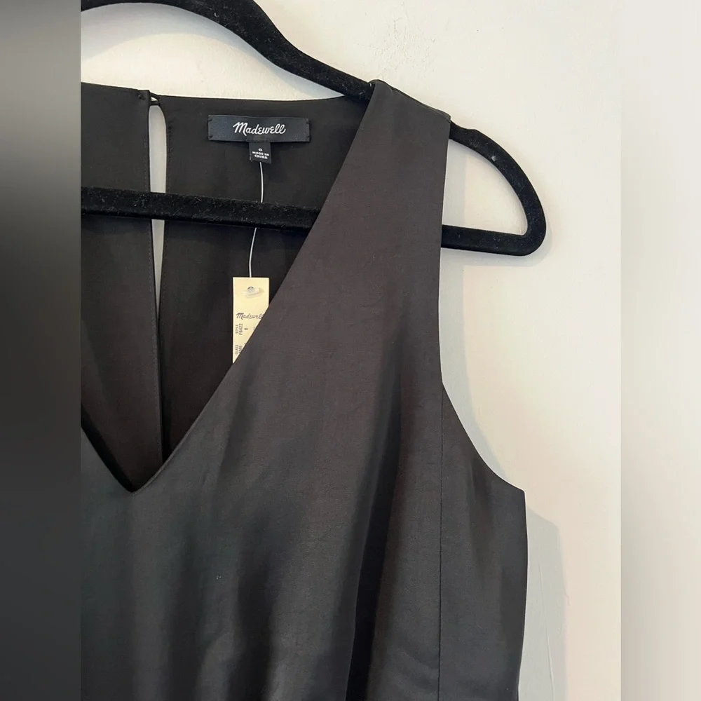 NWT Madewell nightout black silk satin midi dress v neck elastic waist 0 - Picture 6 of 11